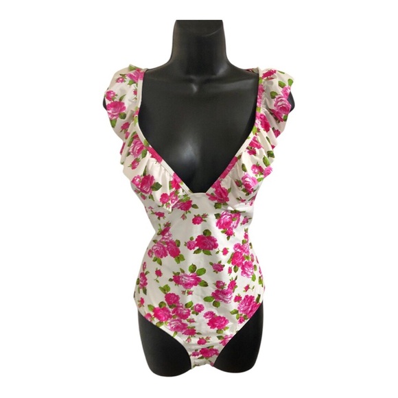 Betsey Johnson love always Betsey print floral flutter strap swimsuit size M new - Picture 10 of 13